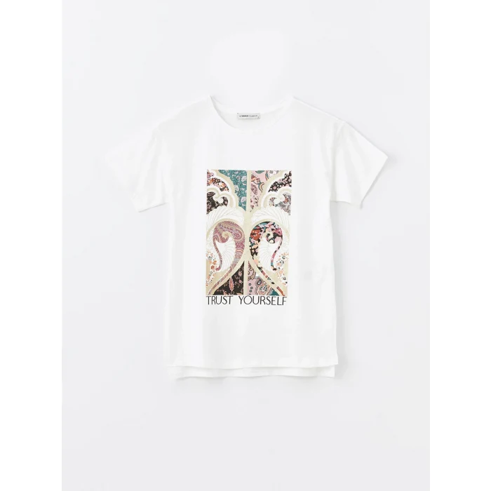 LCWAIKIKI Basic Beyaz Bisiklet Yaka Baskılı Kısa Kollu Kadın Tişört