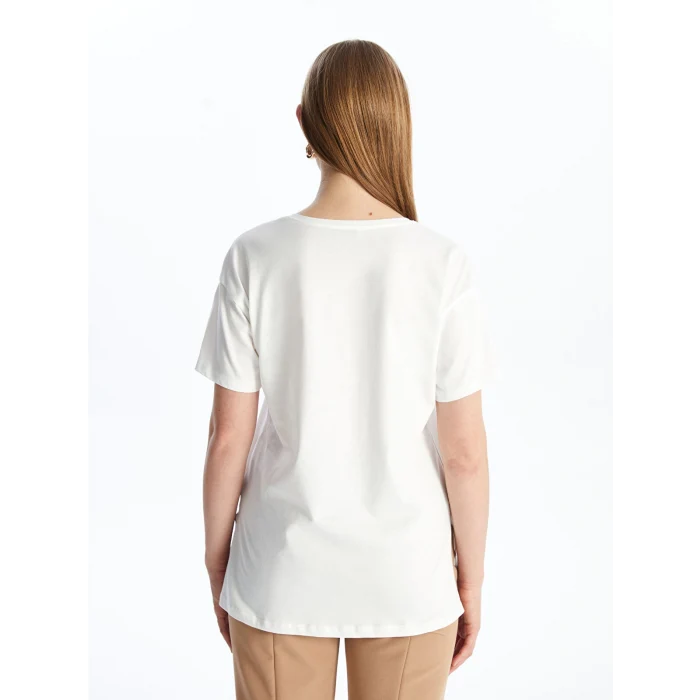 LCWAIKIKI Basic Beyaz Bisiklet Yaka Baskılı Kısa Kollu Kadın Tişört