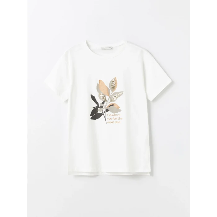 LCWAIKIKI Basic Beyaz Bisiklet Yaka Baskılı Kısa Kollu Kadın Tişört