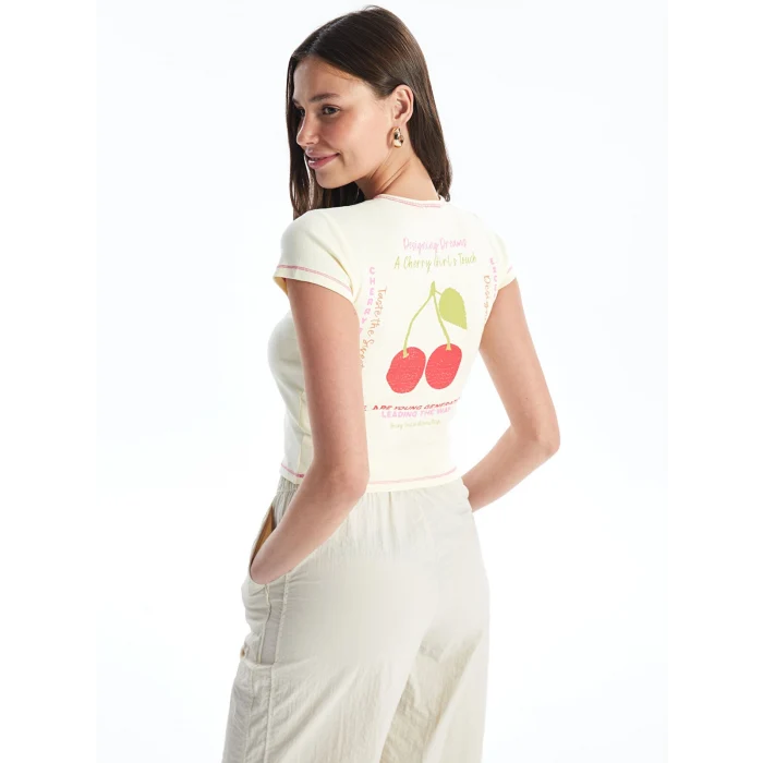 XSIDE Sarı Bisiklet Yaka Baskılı Kısa Kollu Kadın Crop
