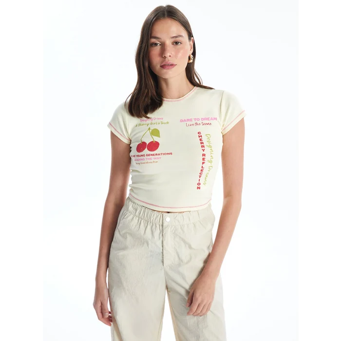 XSIDE Sarı Bisiklet Yaka Baskılı Kısa Kollu Kadın Crop
