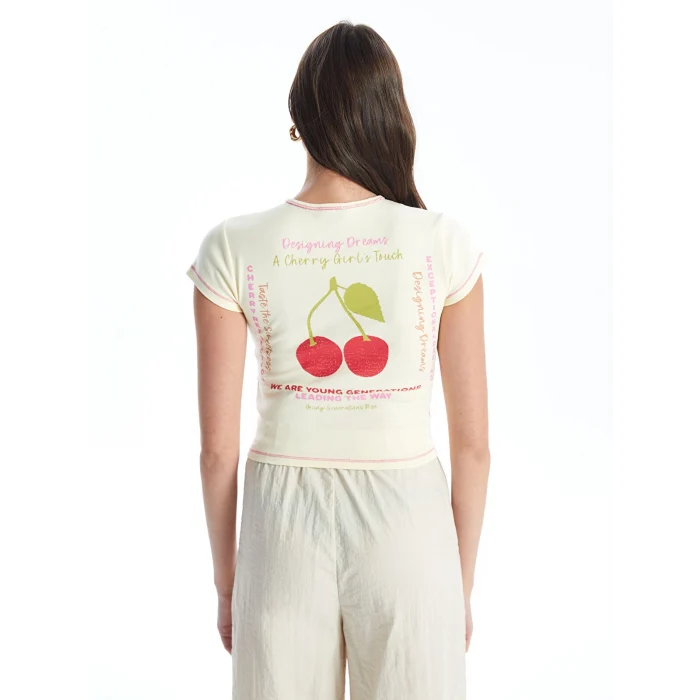 XSIDE Sarı Bisiklet Yaka Baskılı Kısa Kollu Kadın Crop