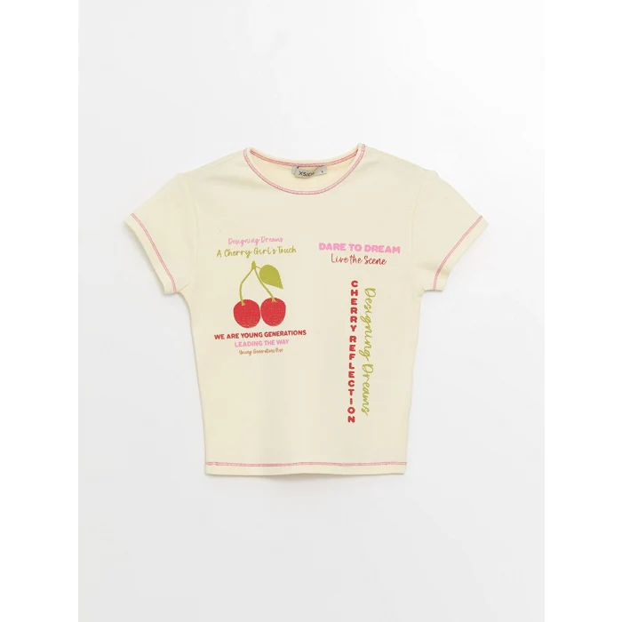 XSIDE Sarı Bisiklet Yaka Baskılı Kısa Kollu Kadın Crop