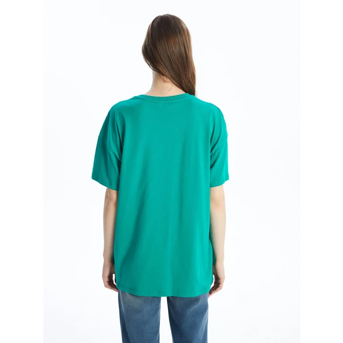 LCW Vision Yeşil Bisiklet Yaka Baskılı Kısa Kollu Oversize Kadın Tişört