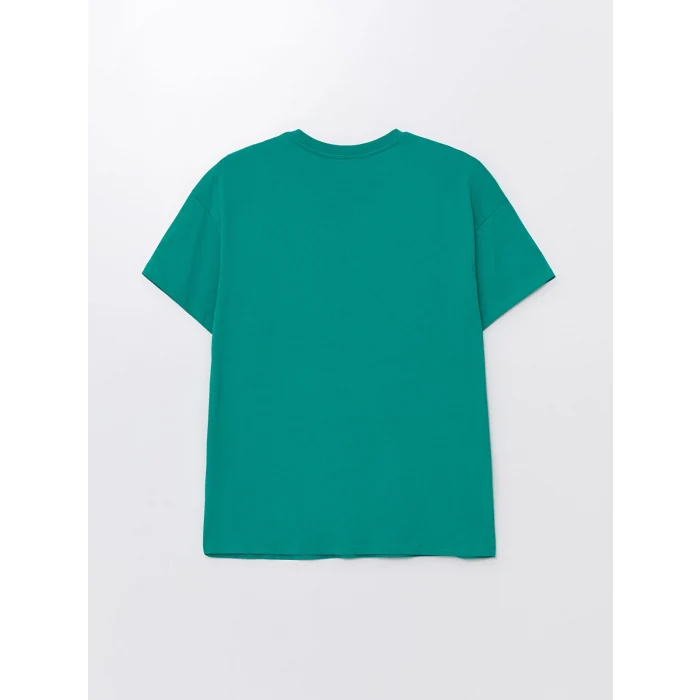 LCW Vision Yeşil Bisiklet Yaka Baskılı Kısa Kollu Oversize Kadın Tişört