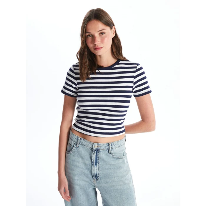 LCW Vision Lacivert Bisiklet Yaka Çizgili Kısa Kollu Kadın Tişört