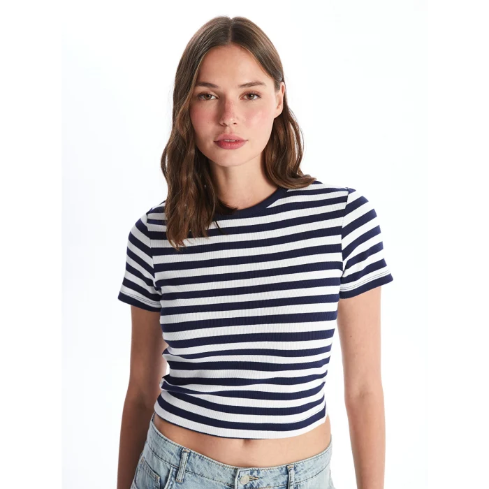 LCW Vision Lacivert Bisiklet Yaka Çizgili Kısa Kollu Kadın Tişört