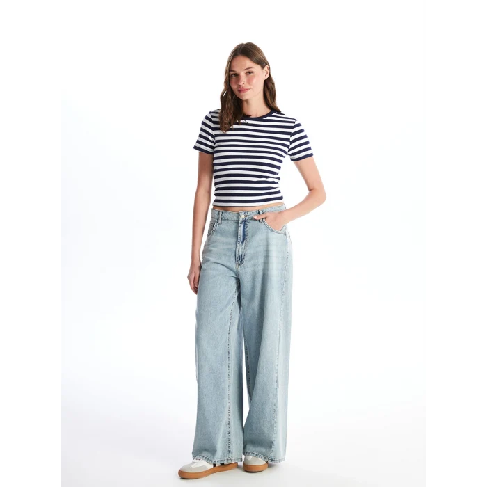 LCW Vision Lacivert Bisiklet Yaka Çizgili Kısa Kollu Kadın Tişört