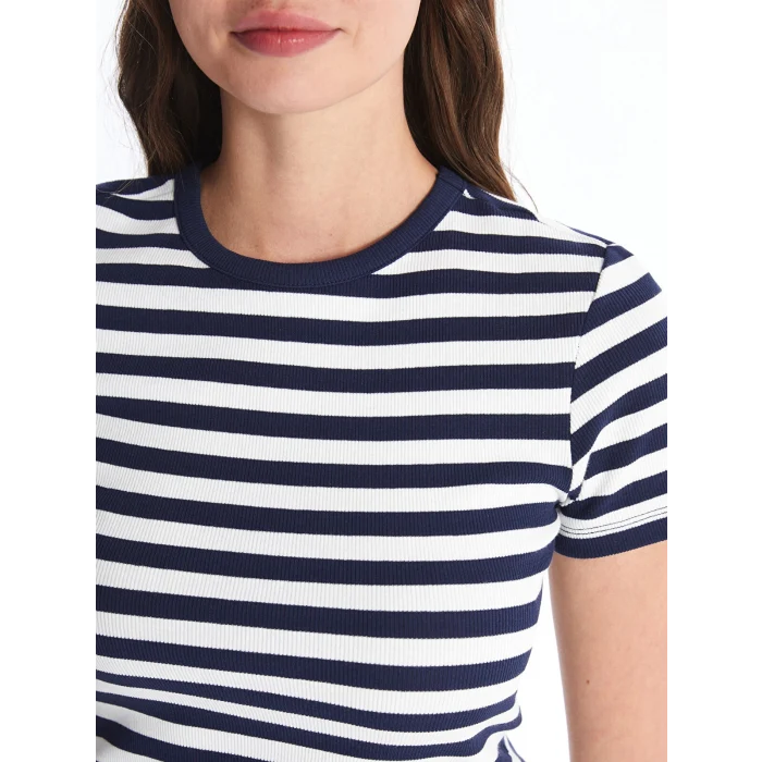 LCW Vision Lacivert Bisiklet Yaka Çizgili Kısa Kollu Kadın Tişört