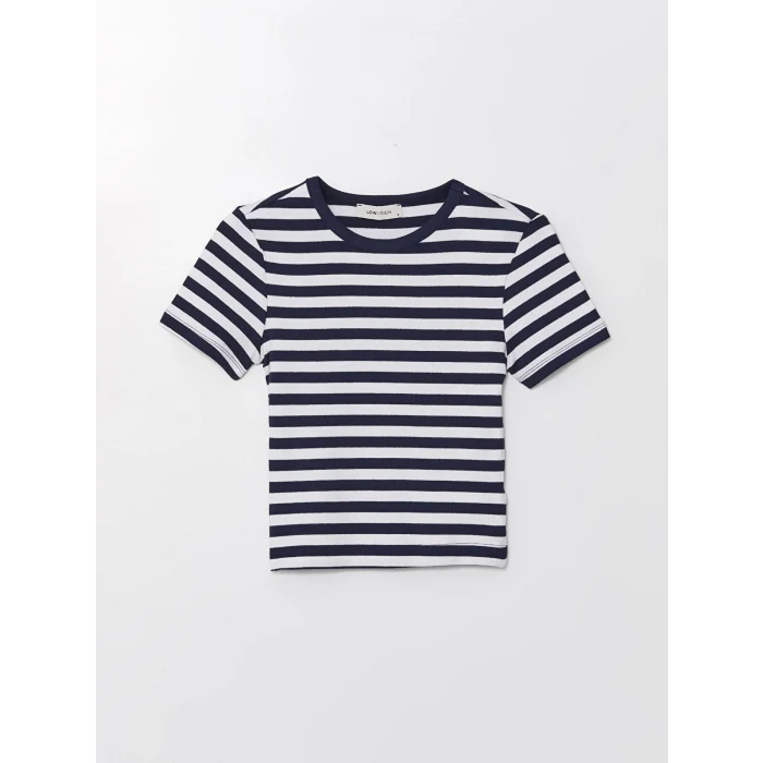 LCW Vision Lacivert Bisiklet Yaka Çizgili Kısa Kollu Kadın Tişört