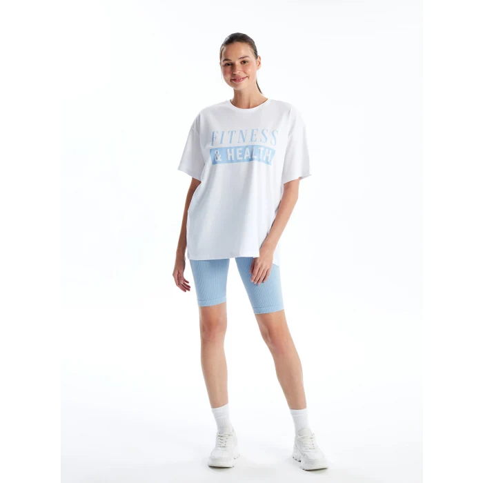 XSIDE ACTIVE Beyaz Bisiklet Yaka Baskılı Kısa Kollu Kadın Spor Tişört