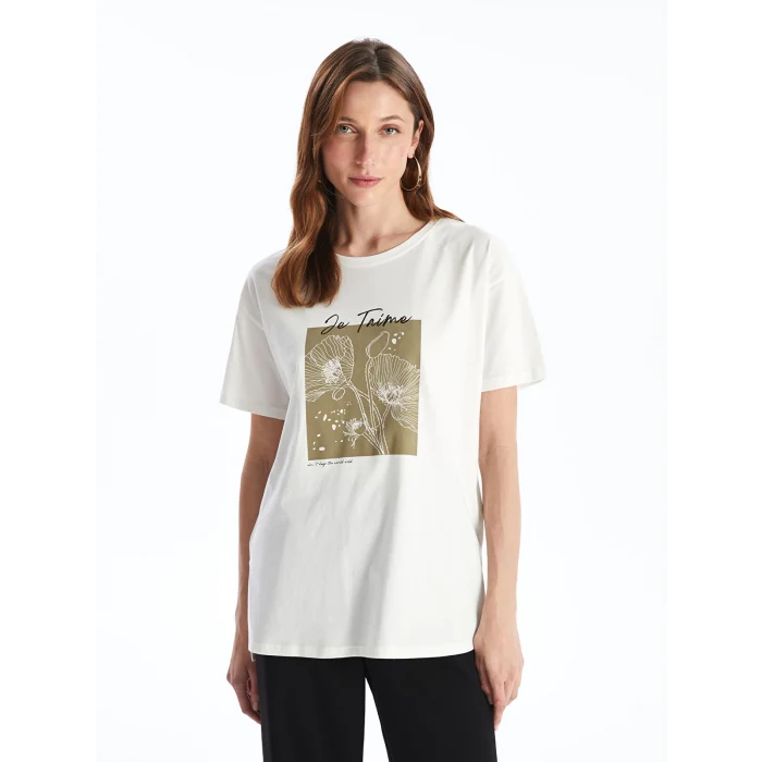 LCWAIKIKI Basic Beyaz Bisiklet Yaka Baskılı Kısa Kollu Kadın Tişört