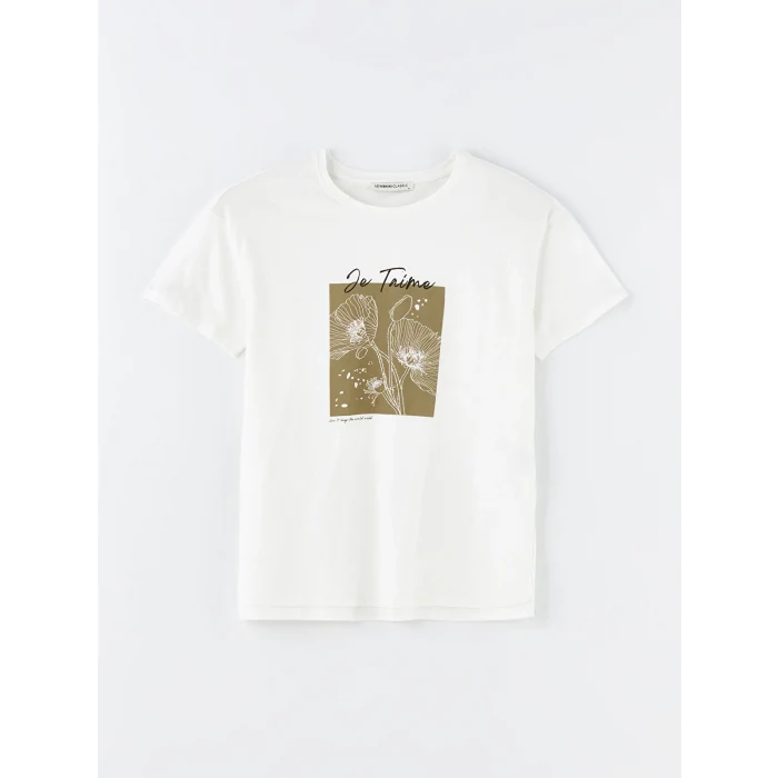 LCWAIKIKI Basic Beyaz Bisiklet Yaka Baskılı Kısa Kollu Kadın Tişört