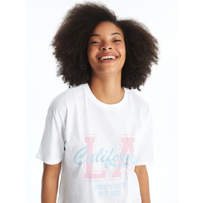 XSIDE ACTIVE Beyaz Bisiklet Yaka Baskılı Kısa Kollu Kadın Spor Tişört