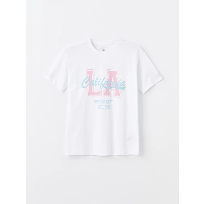 XSIDE ACTIVE Beyaz Bisiklet Yaka Baskılı Kısa Kollu Kadın Spor Tişört