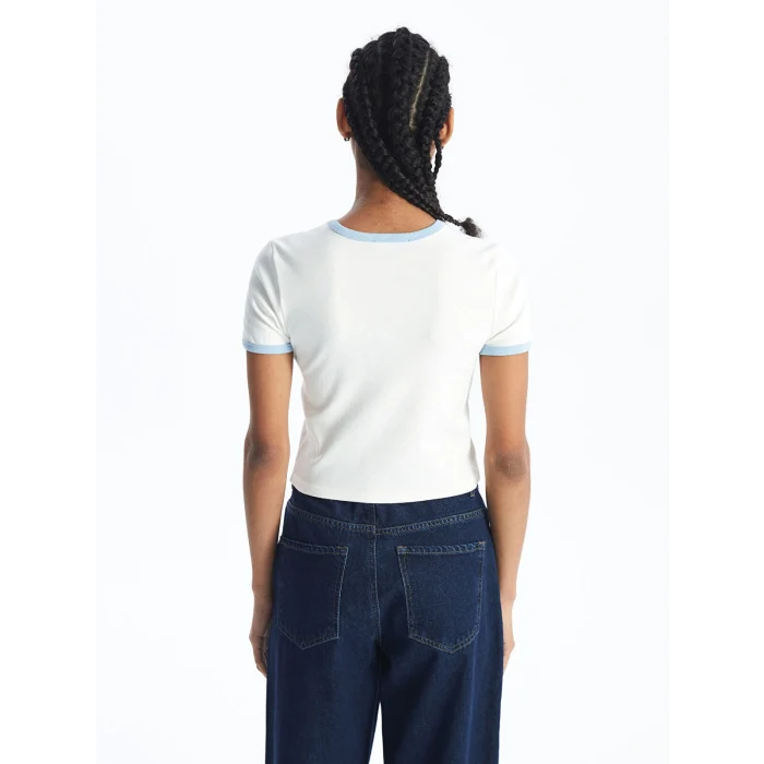 XSIDE Beyaz Bisiklet Yaka Baskılı Kısa Kollu Kadın Crop