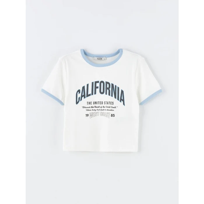 XSIDE Beyaz Bisiklet Yaka Baskılı Kısa Kollu Kadın Crop