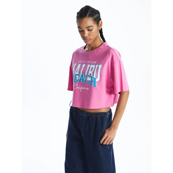 XSIDE Pembe Bisiklet Yaka Baskılı Kısa Kollu Oversize Kadın Crop