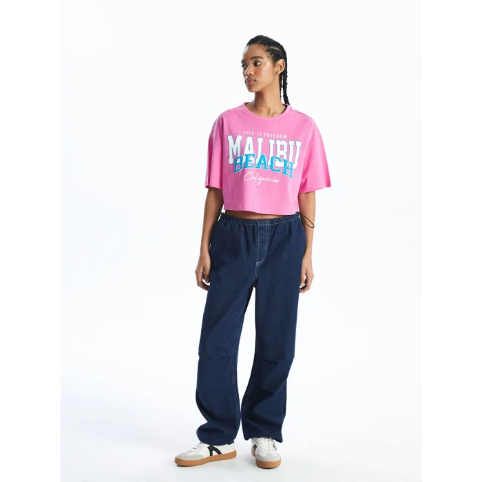 XSIDE Pembe Bisiklet Yaka Baskılı Kısa Kollu Oversize Kadın Crop