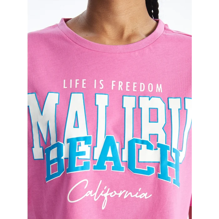 XSIDE Pembe Bisiklet Yaka Baskılı Kısa Kollu Oversize Kadın Crop