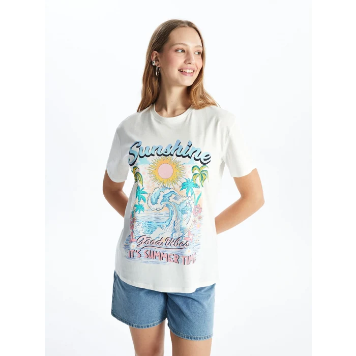 XSIDE Beyaz Bisiklet Yaka Baskılı Kısa Kollu Kadın Tişört