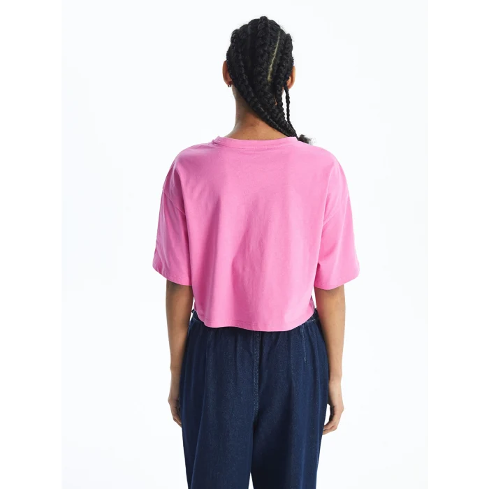 XSIDE Pembe Bisiklet Yaka Baskılı Kısa Kollu Oversize Kadın Crop