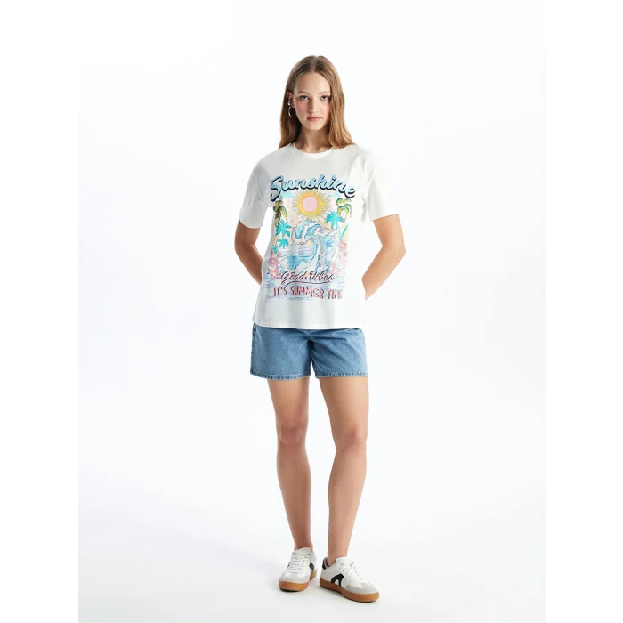 XSIDE Beyaz Bisiklet Yaka Baskılı Kısa Kollu Kadın Tişört