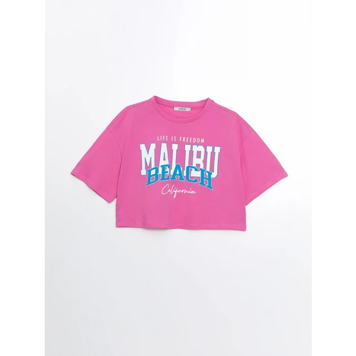 XSIDE Pembe Bisiklet Yaka Baskılı Kısa Kollu Oversize Kadın Crop