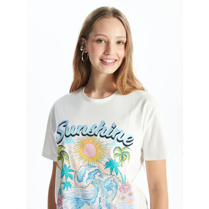 XSIDE Beyaz Bisiklet Yaka Baskılı Kısa Kollu Kadın Tişört