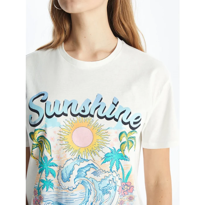 XSIDE Beyaz Bisiklet Yaka Baskılı Kısa Kollu Kadın Tişört