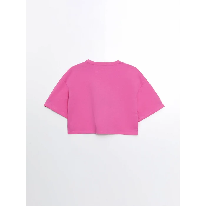 XSIDE Pembe Bisiklet Yaka Baskılı Kısa Kollu Oversize Kadın Crop