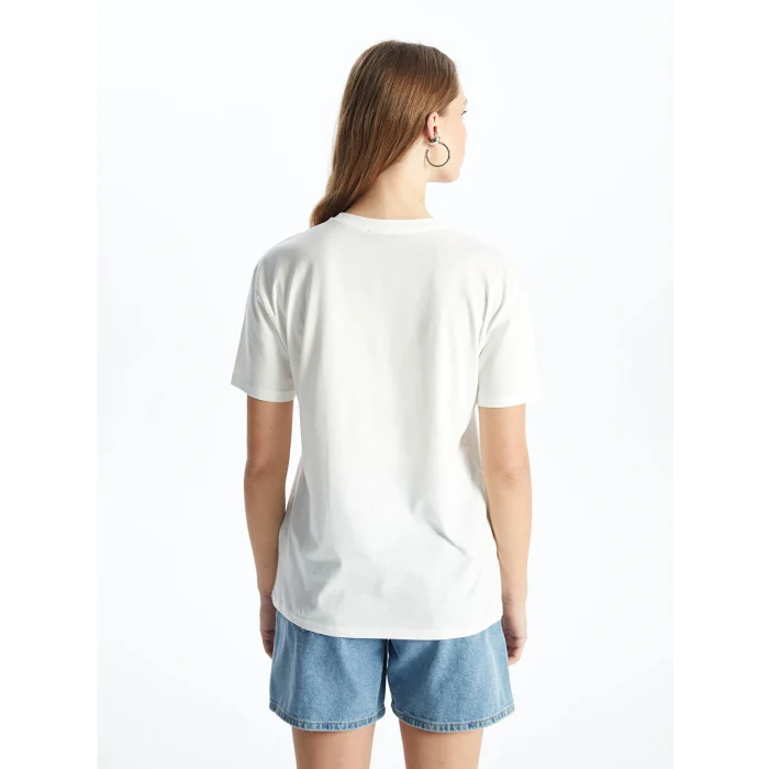 XSIDE Beyaz Bisiklet Yaka Baskılı Kısa Kollu Kadın Tişört