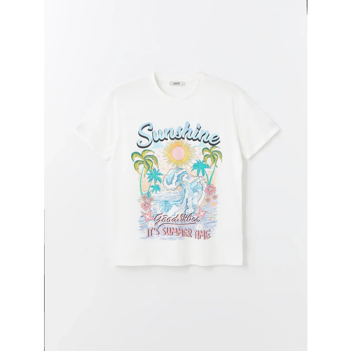 XSIDE Beyaz Bisiklet Yaka Baskılı Kısa Kollu Kadın Tişört