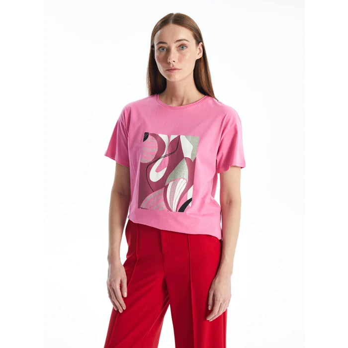 LCWAIKIKI Basic Pembe Bisiklet Yaka Baskılı Kısa Kollu Kadın Tişört