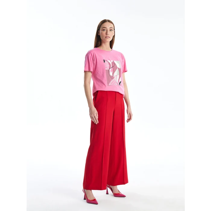 LCWAIKIKI Basic Pembe Bisiklet Yaka Baskılı Kısa Kollu Kadın Tişört