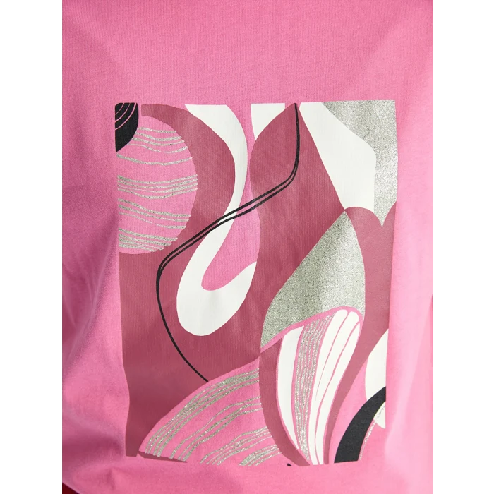 LCWAIKIKI Basic Pembe Bisiklet Yaka Baskılı Kısa Kollu Kadın Tişört