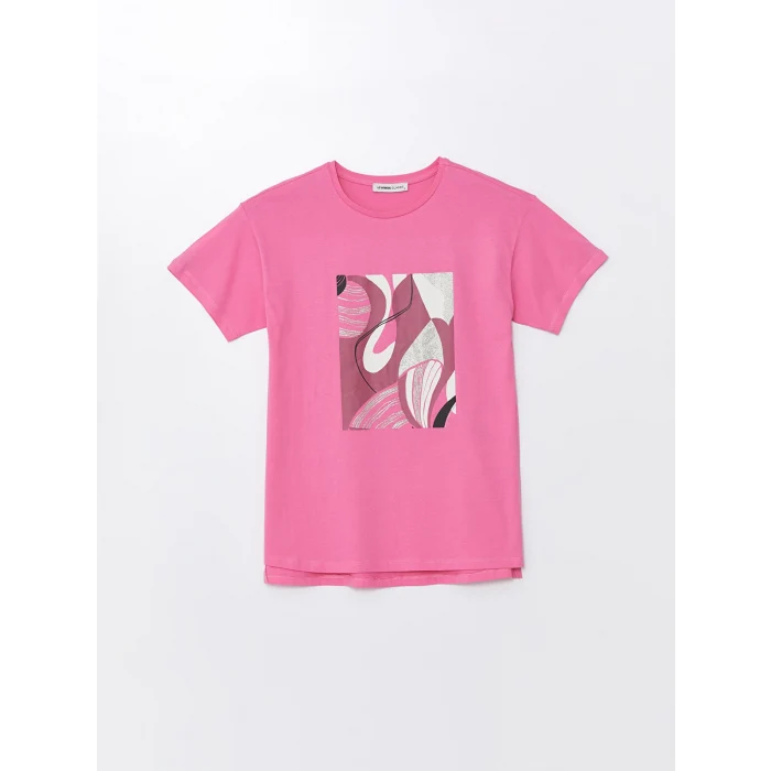 LCWAIKIKI Basic Pembe Bisiklet Yaka Baskılı Kısa Kollu Kadın Tişört