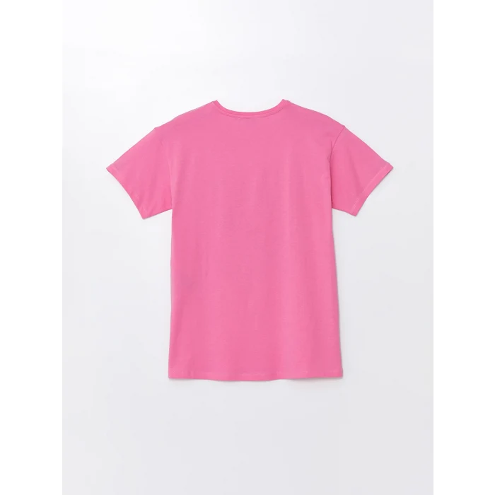 LCWAIKIKI Basic Pembe Bisiklet Yaka Baskılı Kısa Kollu Kadın Tişört