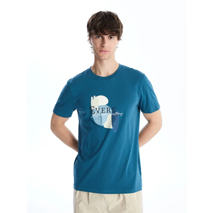 XSIDE Petrol Bisiklet Yaka Kısa Kollu Baskılı Penye Erkek Tişört