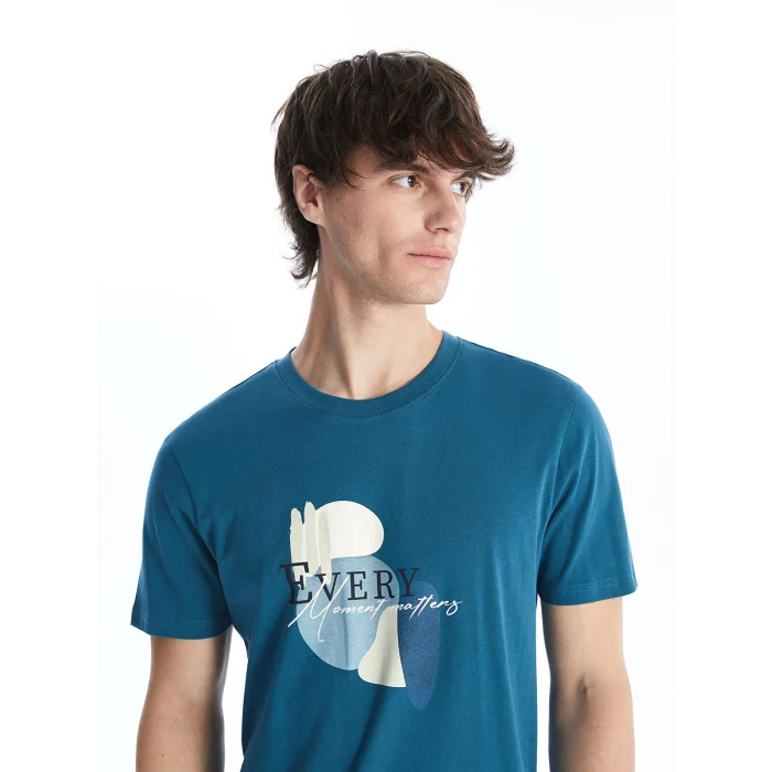 XSIDE Petrol Bisiklet Yaka Kısa Kollu Baskılı Penye Erkek Tişört