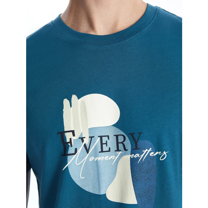 XSIDE Petrol Bisiklet Yaka Kısa Kollu Baskılı Penye Erkek Tişört