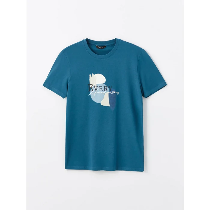 XSIDE Petrol Bisiklet Yaka Kısa Kollu Baskılı Penye Erkek Tişört