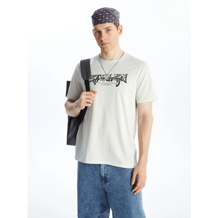 XSIDE Gri Bisiklet Yaka Kısa Kollu Baskılı Penye Erkek Tişört