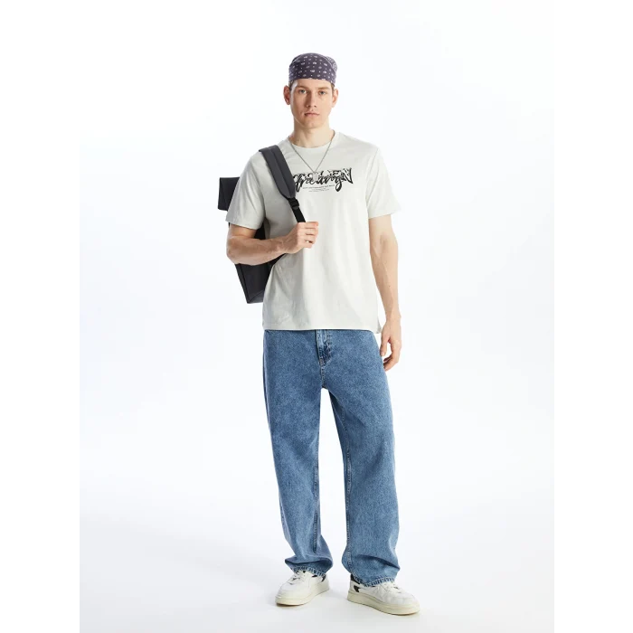 XSIDE Gri Bisiklet Yaka Kısa Kollu Baskılı Penye Erkek Tişört