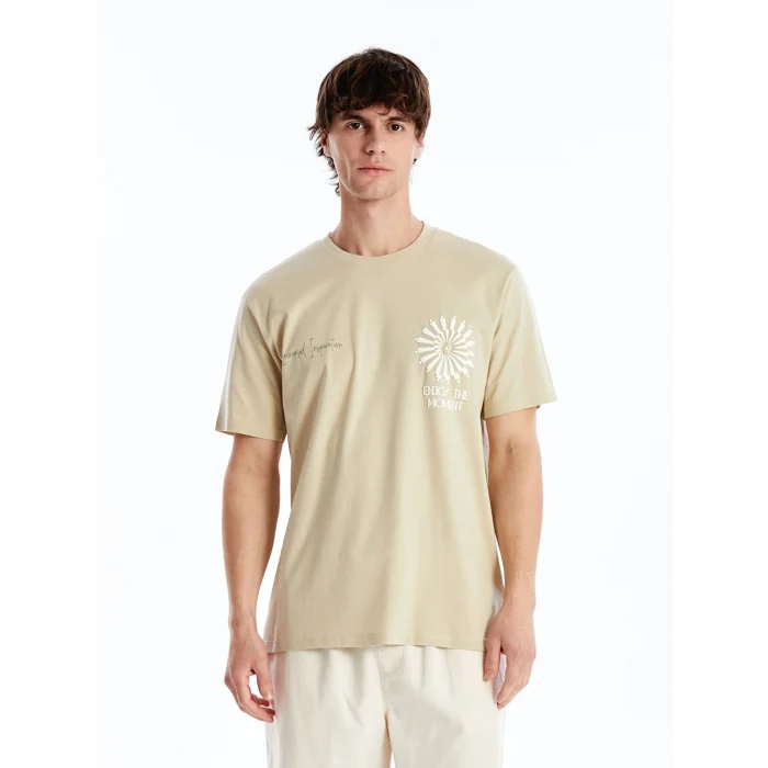 XSIDE Bej Bisiklet Yaka Kısa Kollu Baskılı Penye Erkek Tişört