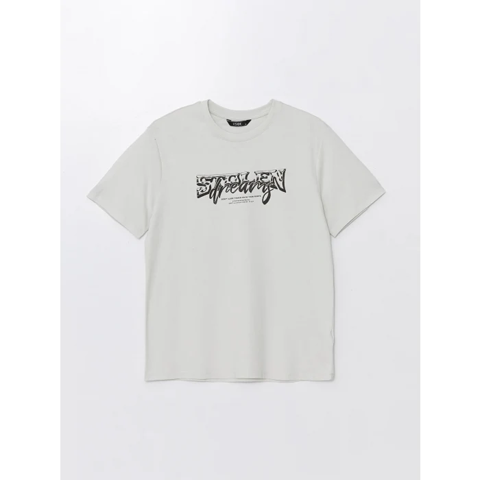 XSIDE Gri Bisiklet Yaka Kısa Kollu Baskılı Penye Erkek Tişört