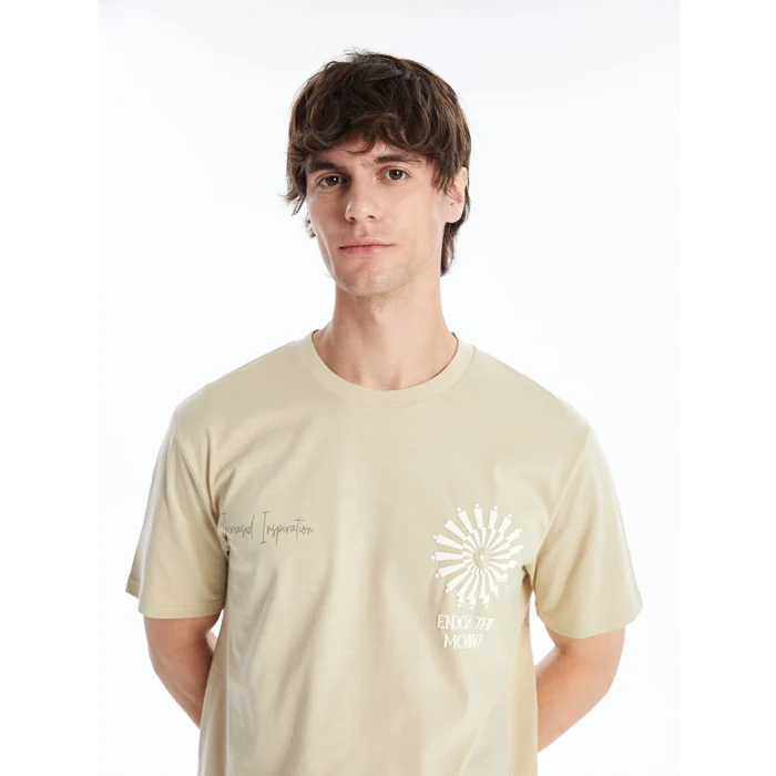 XSIDE Bej Bisiklet Yaka Kısa Kollu Baskılı Penye Erkek Tişört