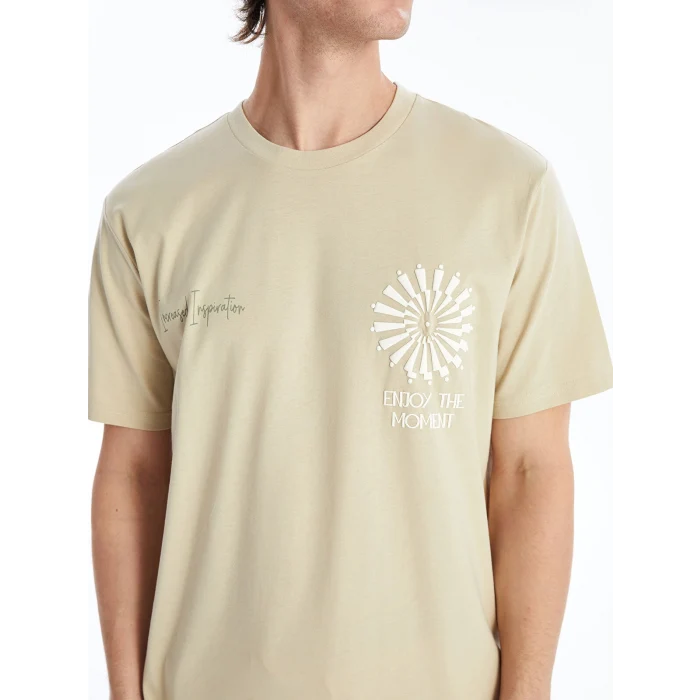XSIDE Bej Bisiklet Yaka Kısa Kollu Baskılı Penye Erkek Tişört
