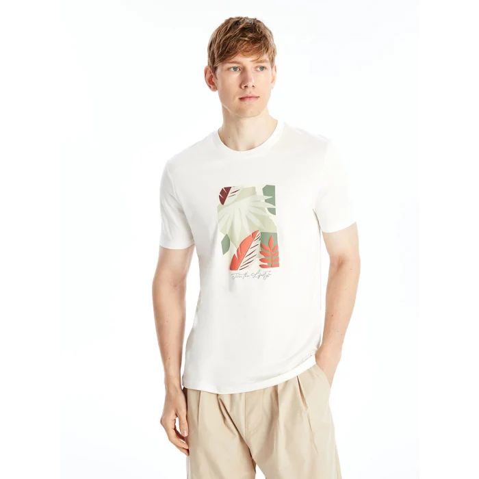 XSIDE Beyaz Bisiklet Yaka Kısa Kollu Baskılı Penye Erkek Tişört