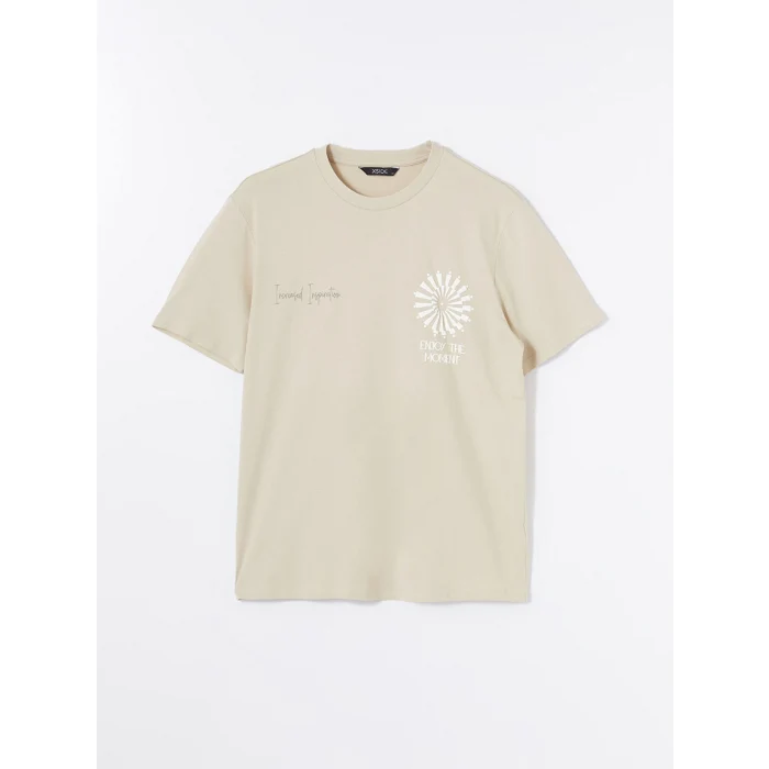 XSIDE Bej Bisiklet Yaka Kısa Kollu Baskılı Penye Erkek Tişört
